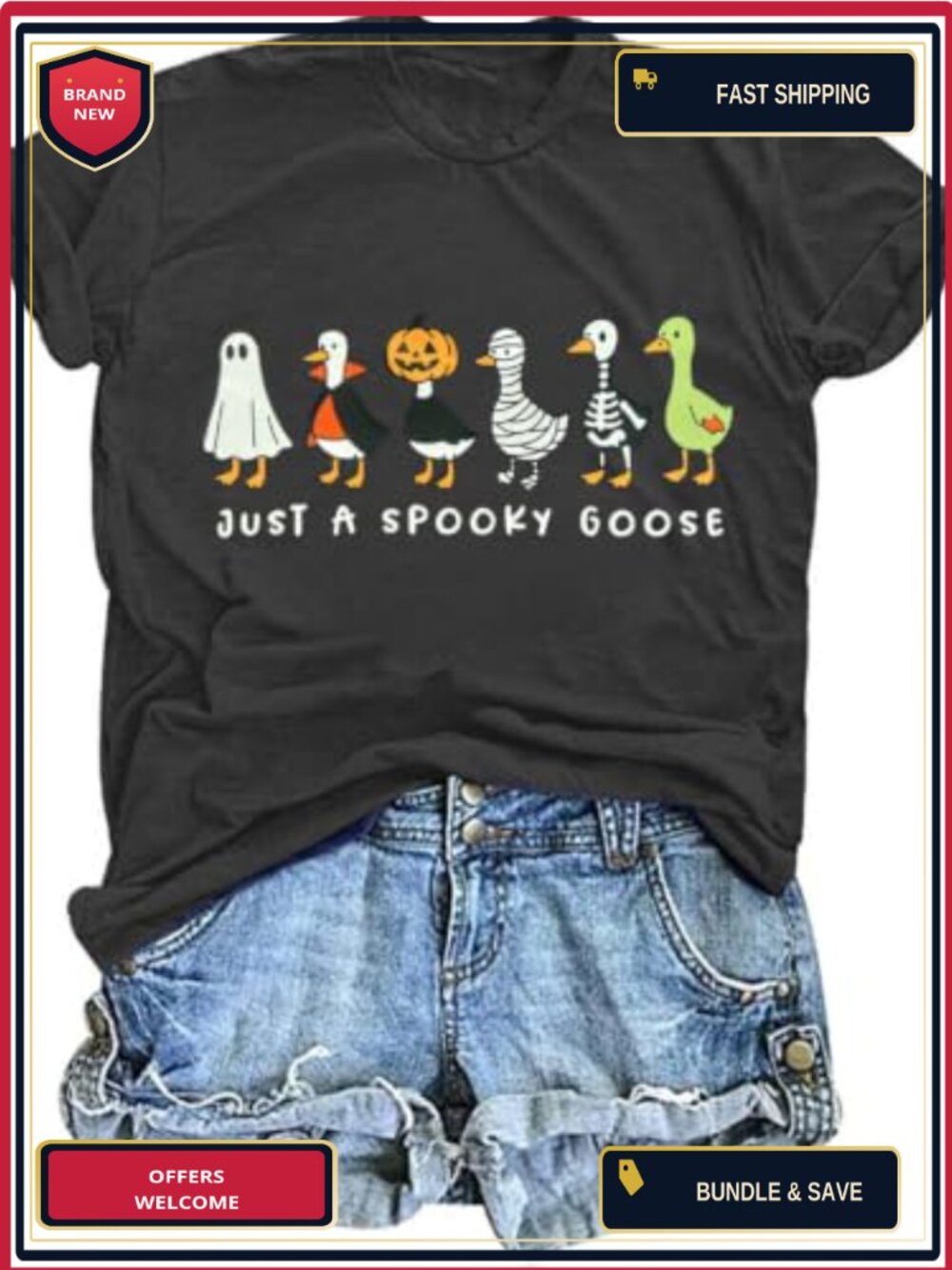 Spooky Goose Halloween Graphic T-Shirt Women Short Sleeve Crewneck